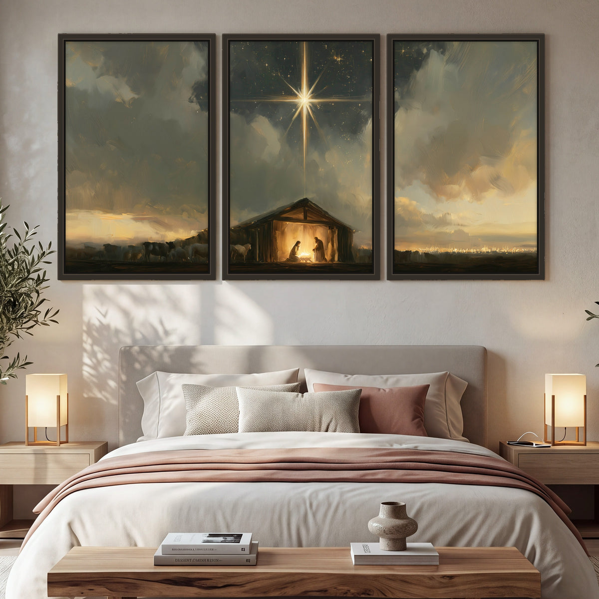 Nativity star of Bethlehem painting 3 piece framed canvas in a bedroom above the bed