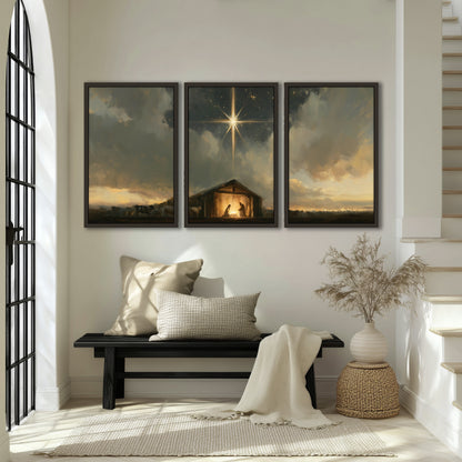 Nativity star of Bethlehem painting 3 piece framed canvas in an entryway above a bench