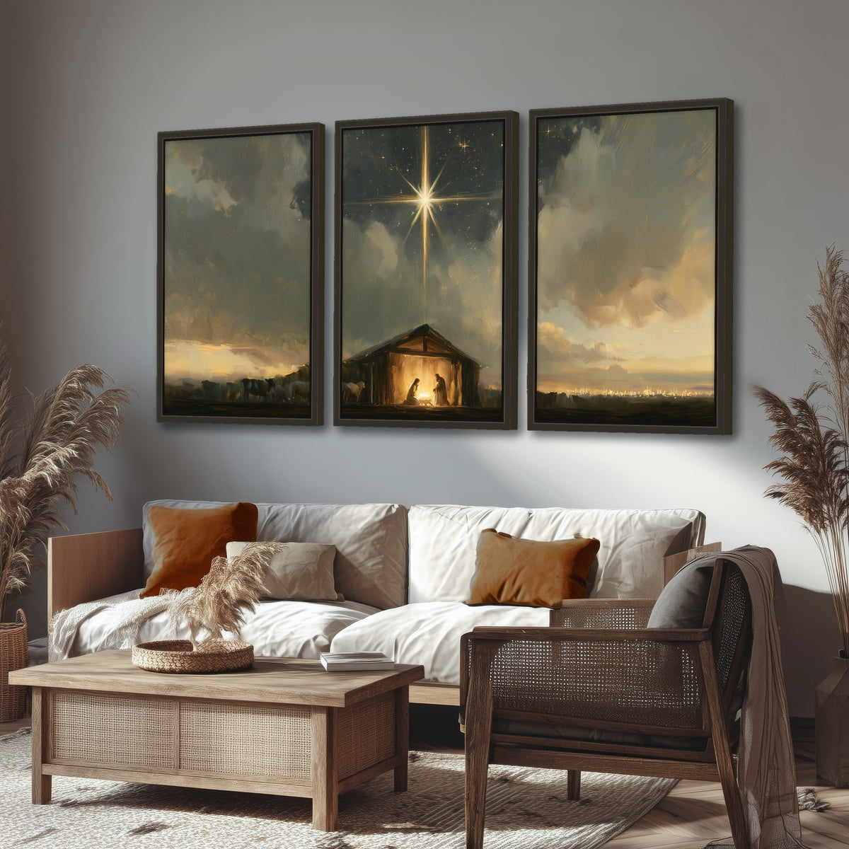 Nativity star of Bethlehem painting 3 piece framed canvas in a rustic living room