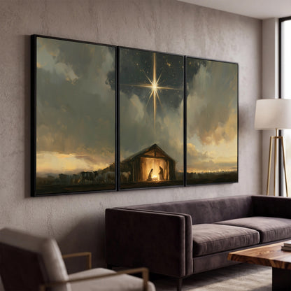 Nativity star of Bethlehem painting 3 piece framed canvas in a modern living room