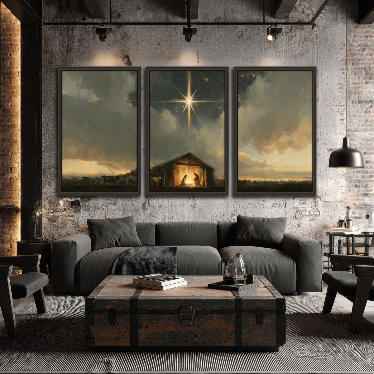 Nativity star of Bethlehem painting 3 piece framed canvas in an industrial loft