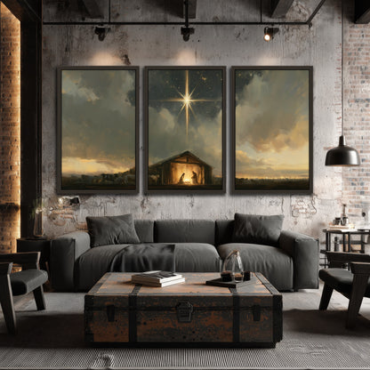 Nativity star of Bethlehem painting 3 piece framed canvas in an industrial loft