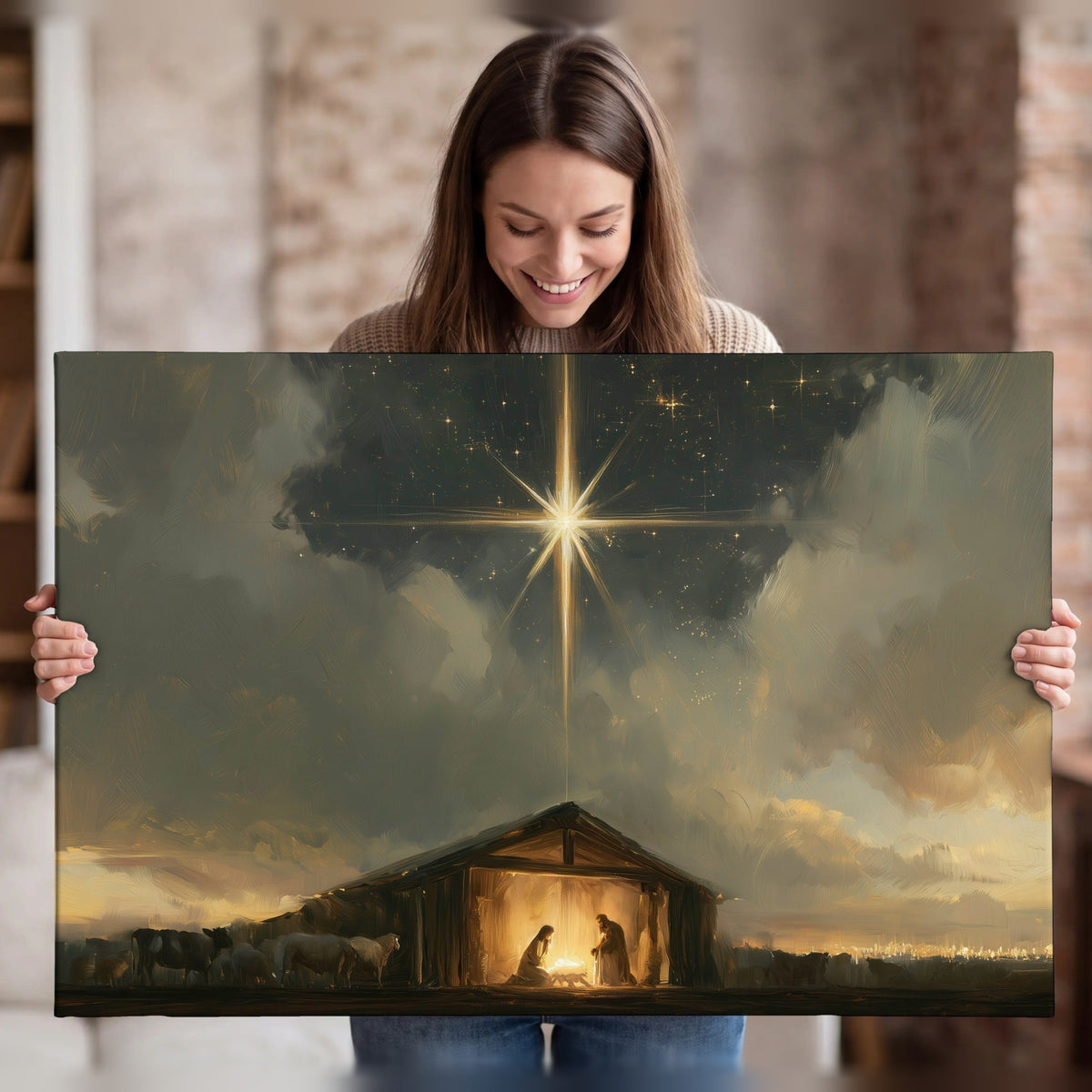 Nativity star of Bethlehem painting canvas wall art held in hands