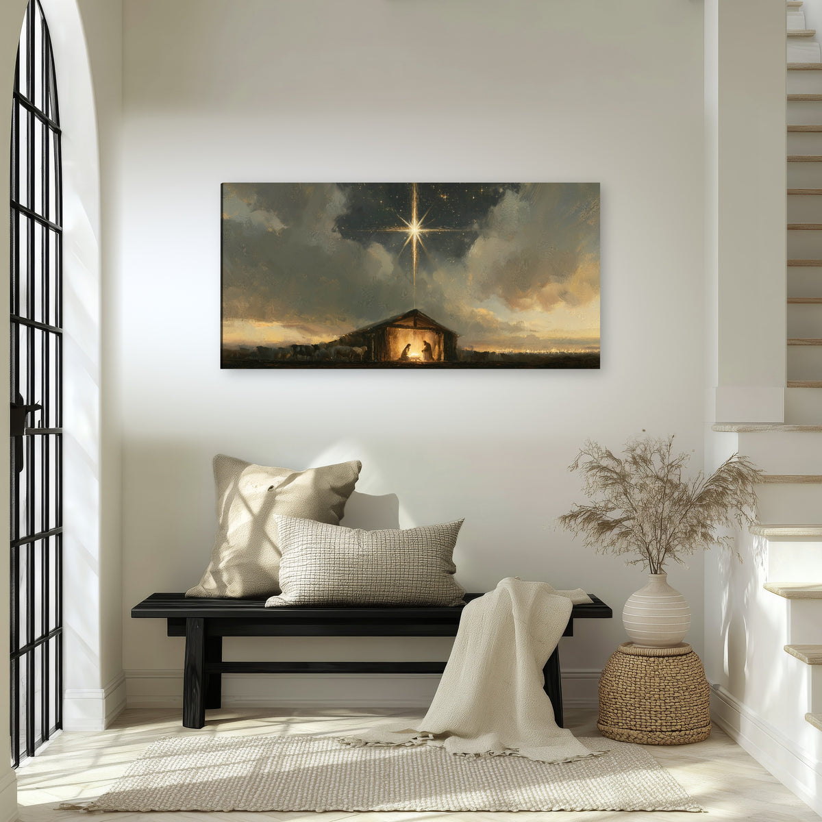 Nativity star of Bethlehem painting canvas wall art in an entryway above a bench