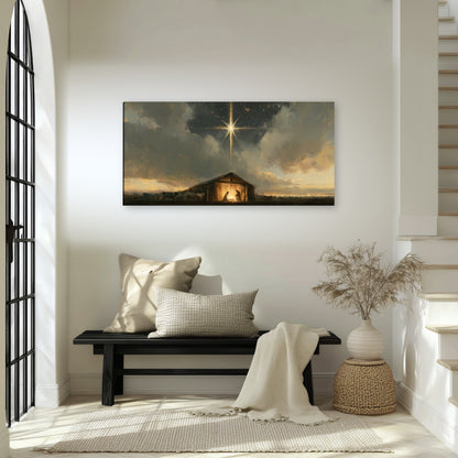 Nativity star of Bethlehem painting canvas wall art in an entryway above a bench