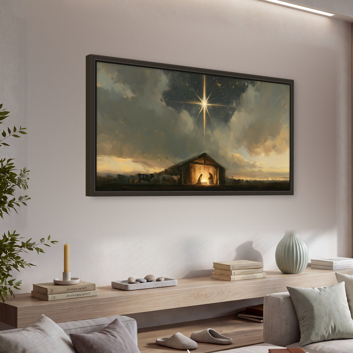 Nativity star of Bethlehem painting framed canvas wall art in a living room above a console