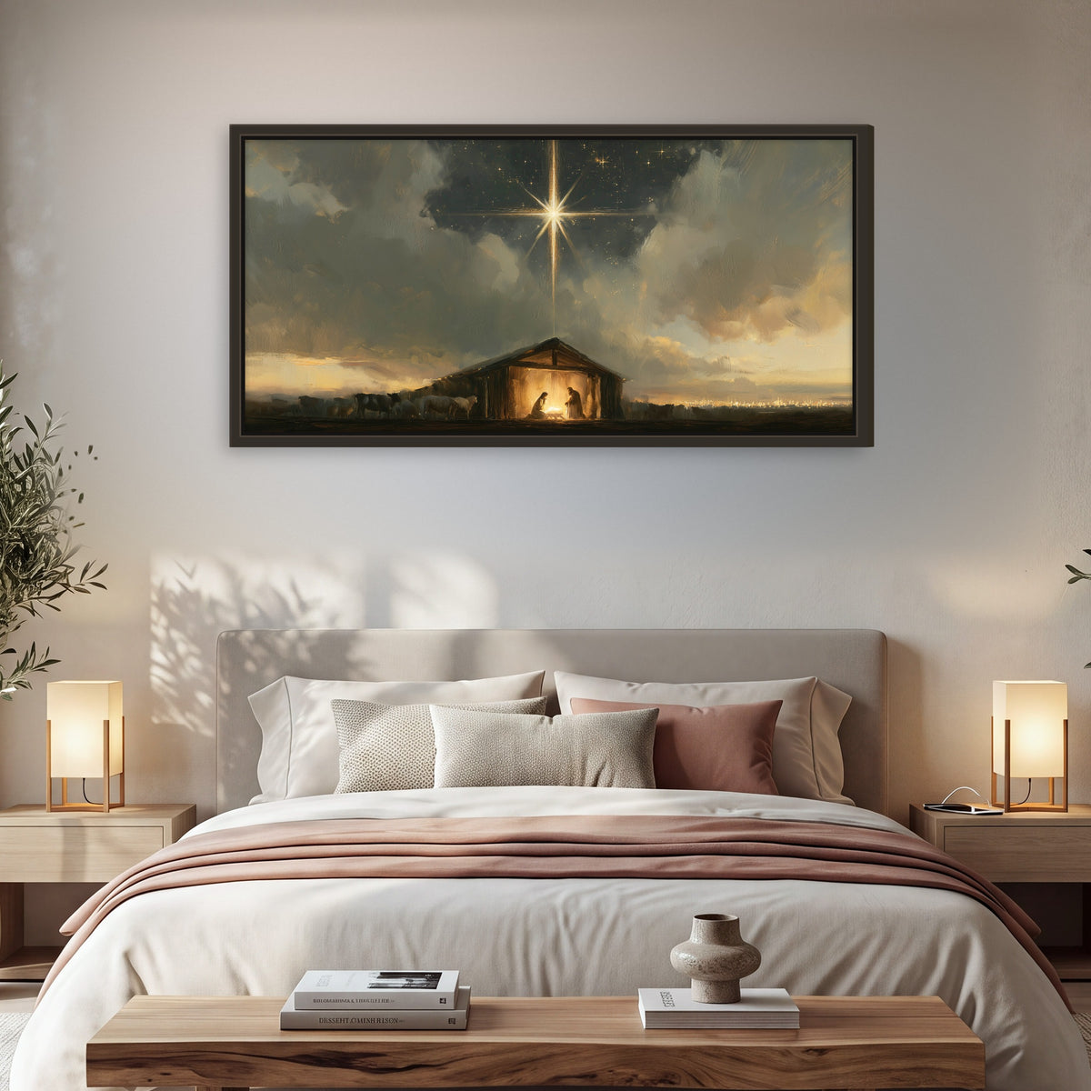 Nativity star of Bethlehem painting framed canvas wall art in a bedroom above the bed