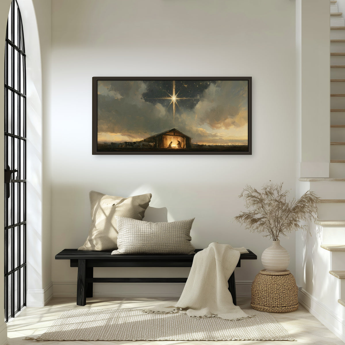 Nativity star of Bethlehem painting framed canvas wall art in an entryway above a bench