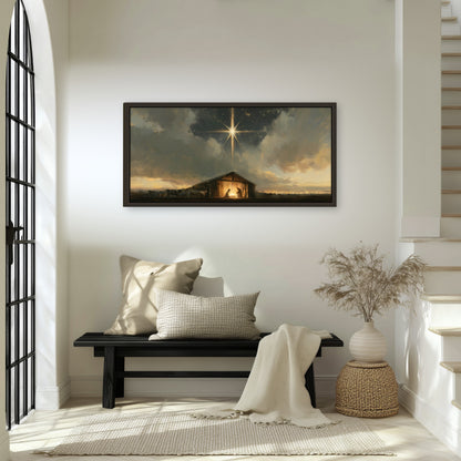Nativity star of Bethlehem painting framed canvas wall art in an entryway above a bench