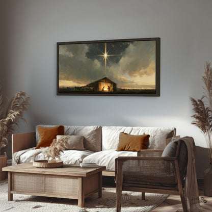 Nativity star of Bethlehem painting framed canvas wall art in a rustic living room