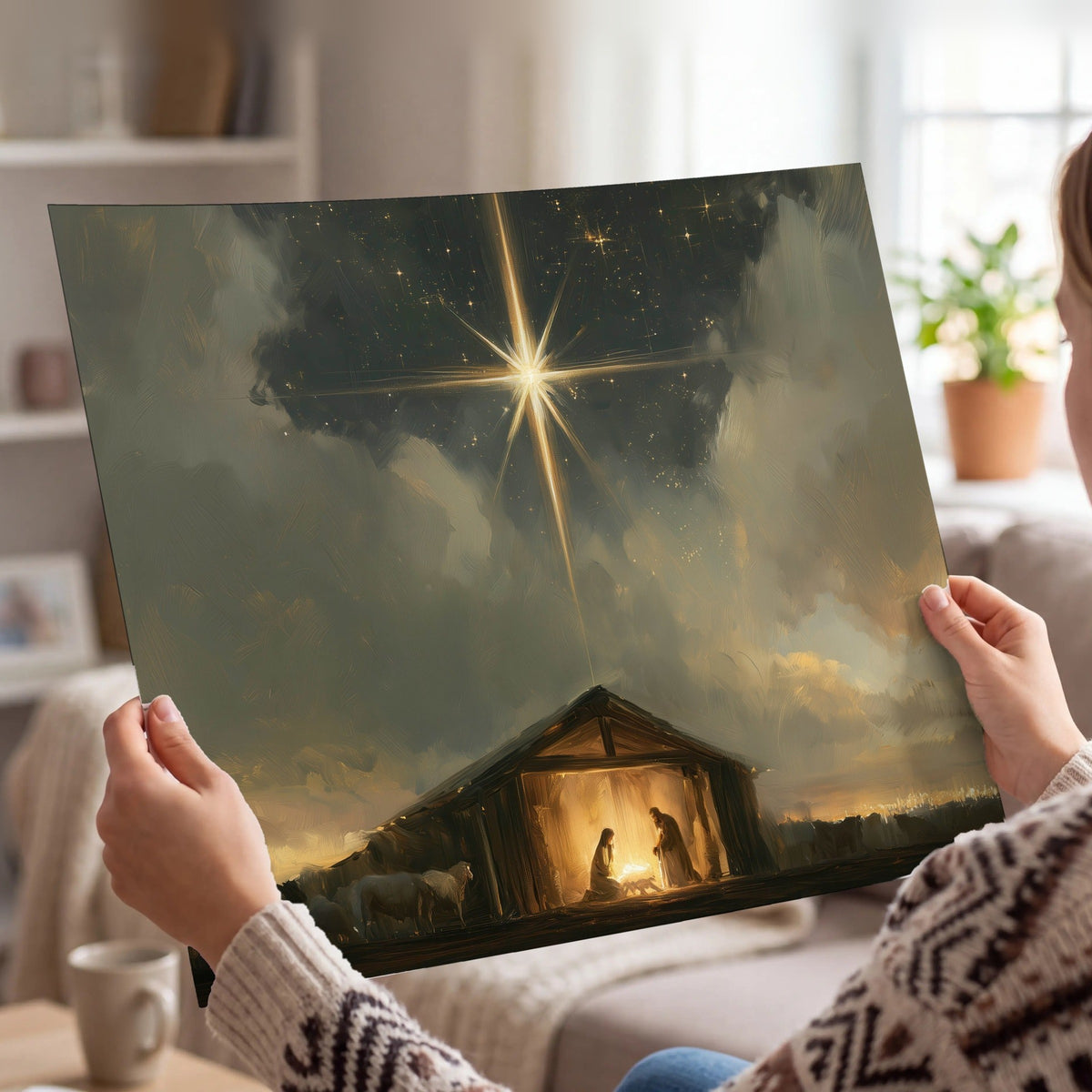 Nativity star of Bethlehem painting poster print held in hands