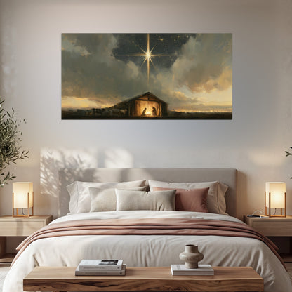 Nativity star of Bethlehem painting poster print in a bedroom above the bed