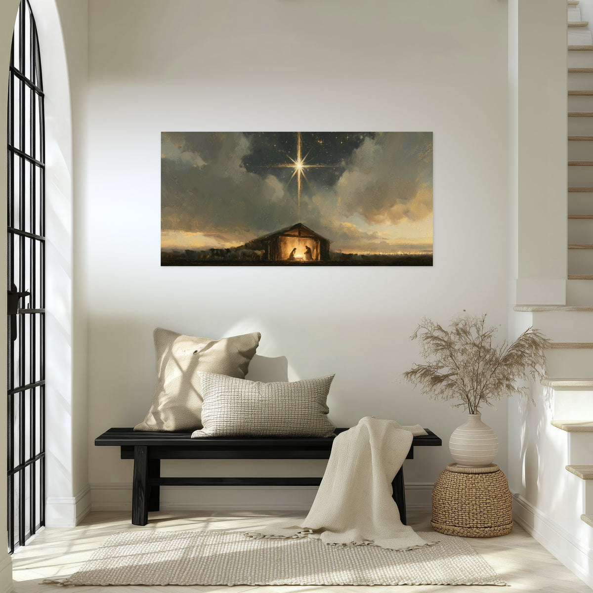 Nativity star of Bethlehem painting poster print in an entryway above a bench