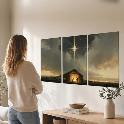 Nativity star of Bethlehem painting set of 3 poster prints in a living room