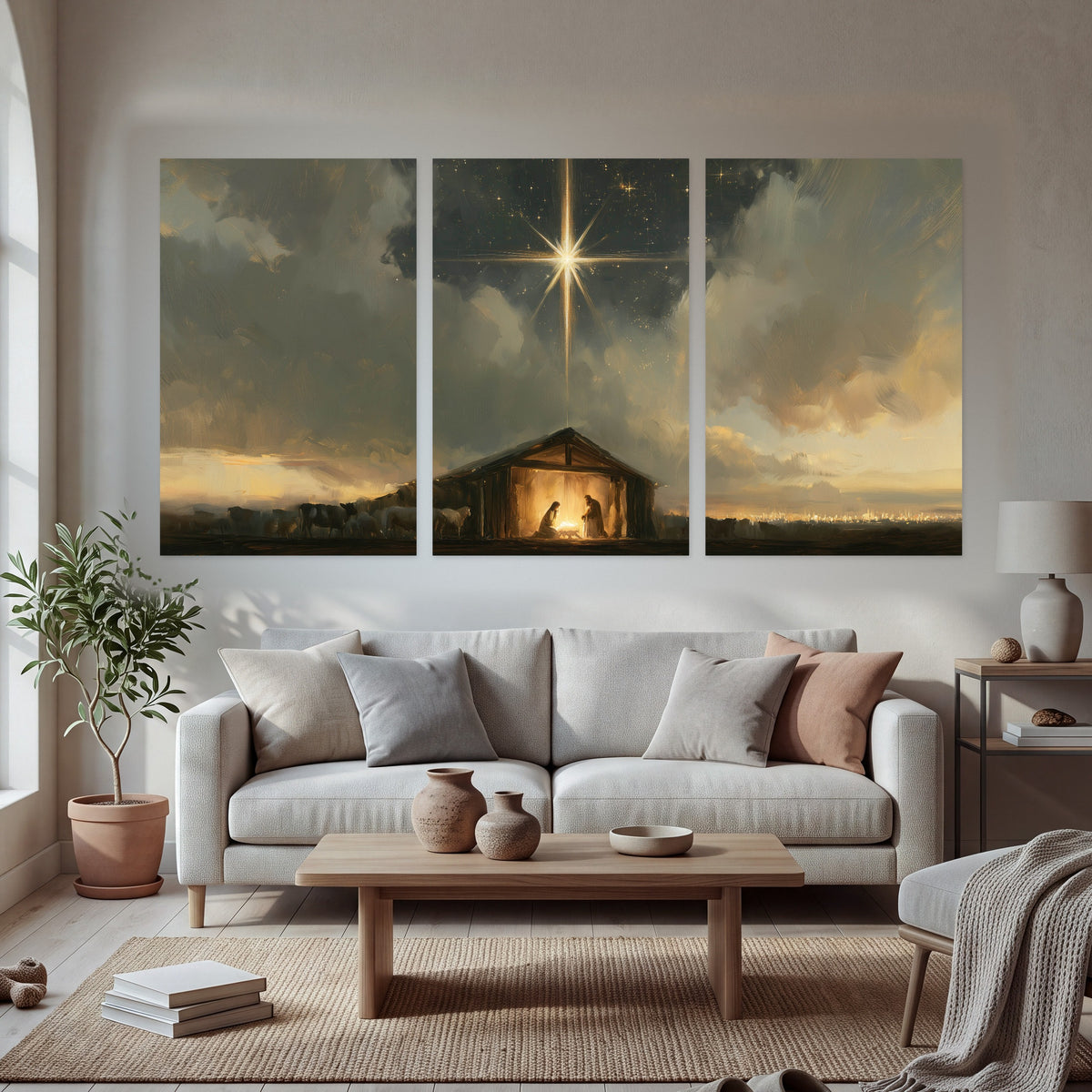 Nativity star of Bethlehem painting set of 3 poster prints in a bright living room
