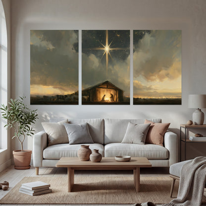 Nativity star of Bethlehem painting set of 3 poster prints in a bright living room
