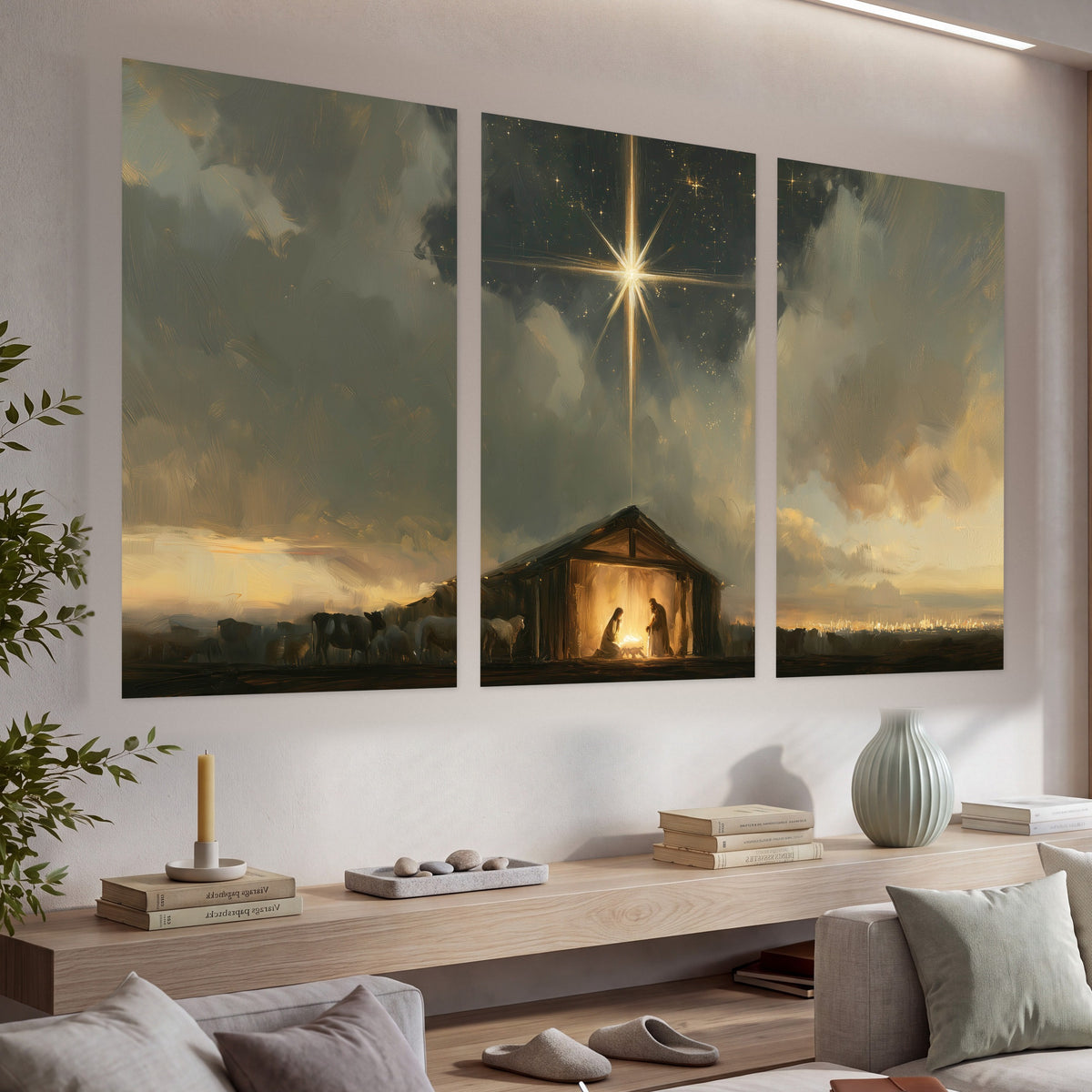 Nativity star of Bethlehem painting set of 3 poster prints in a living room above a console