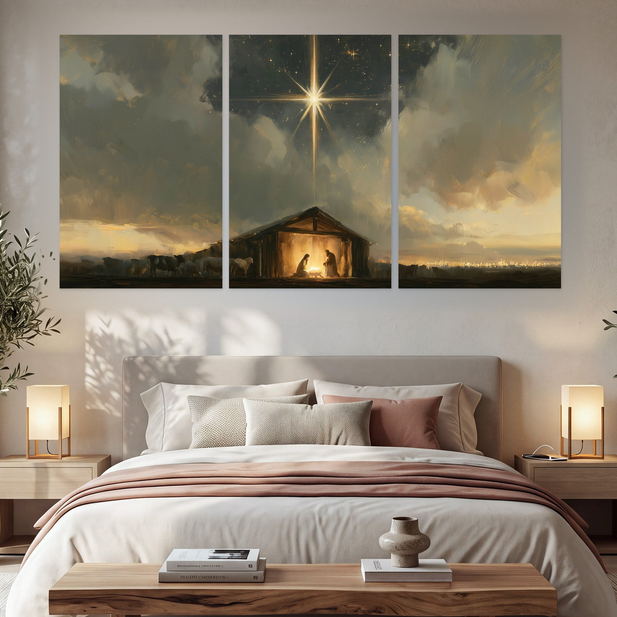 Nativity star of Bethlehem painting set of 3 poster prints in a bedroom above the bed