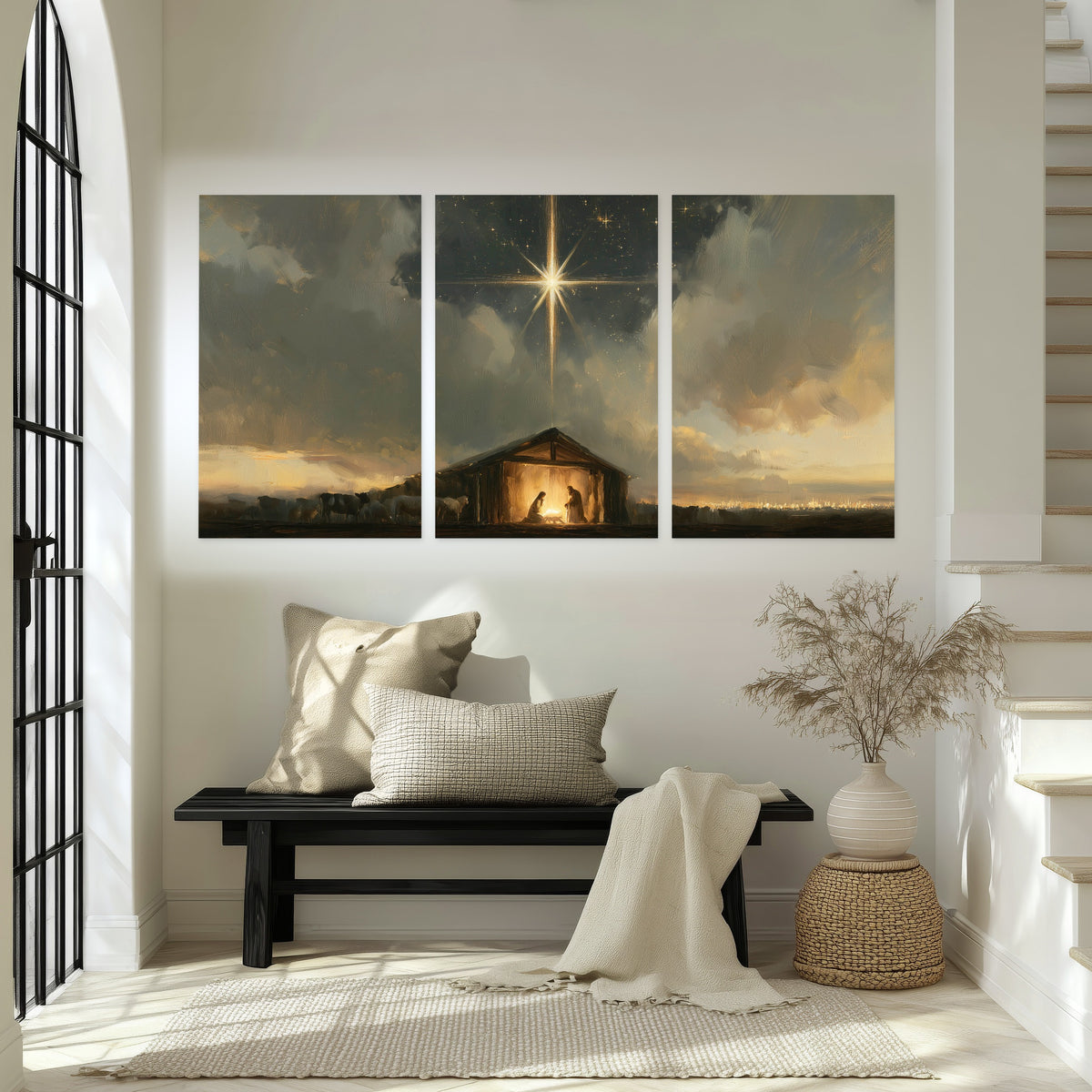 Nativity star of Bethlehem painting set of 3 poster prints in an entryway above a bench