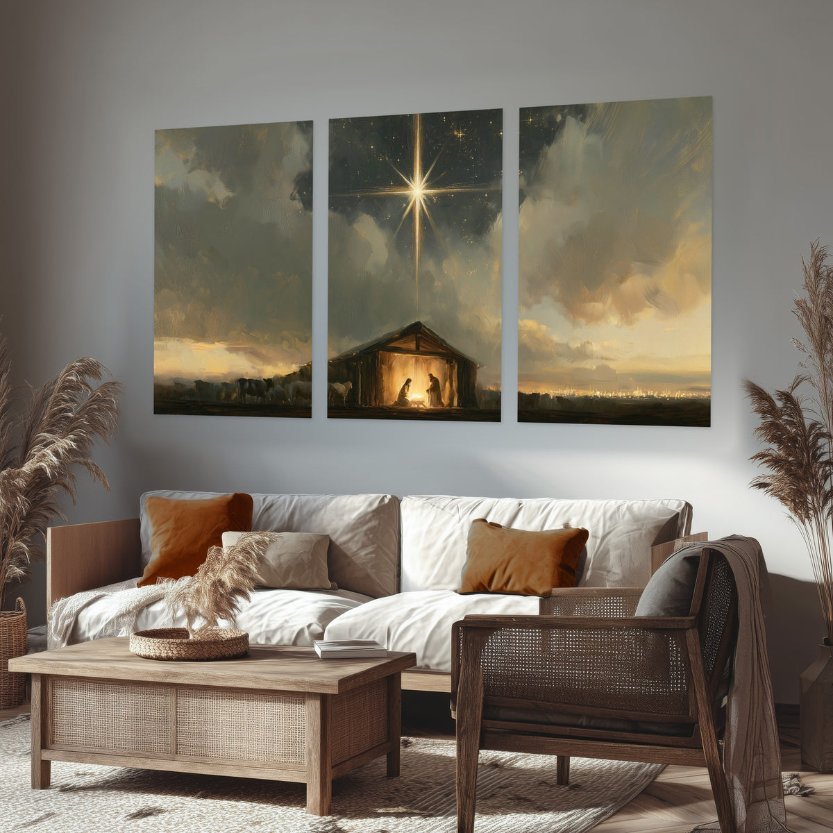 Nativity star of Bethlehem painting set of 3 poster prints in a rustic living room