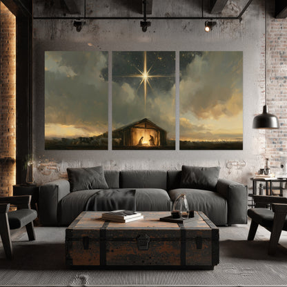 Nativity star of Bethlehem painting set of 3 poster prints in an industrial loft
