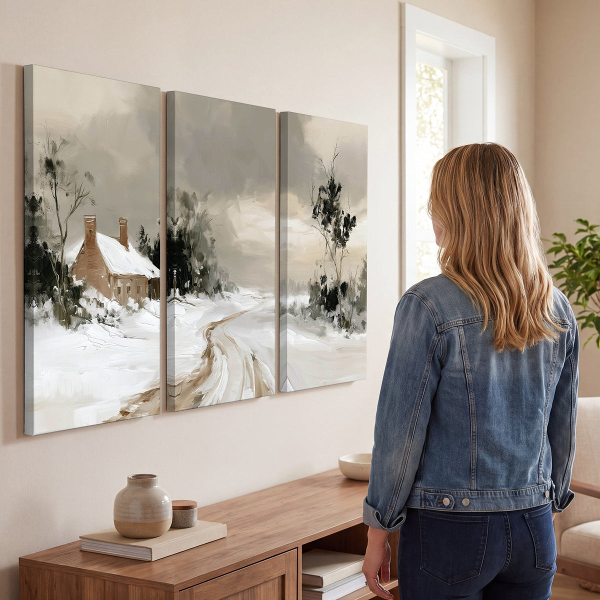 Neutral winter cottage painting 3 piece canvas wall art in a living room