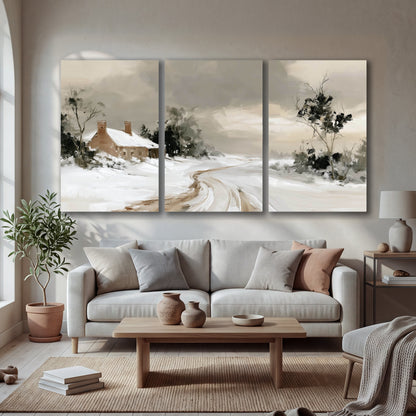 Neutral winter cottage painting 3 piece canvas wall art in a bright living room