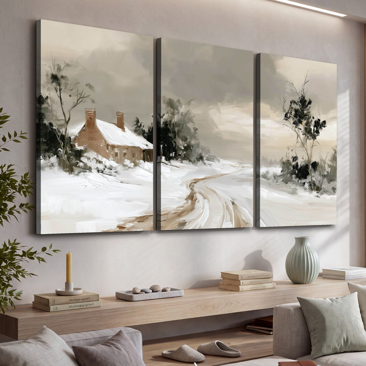 Neutral winter cottage painting 3 piece canvas wall art in a living room above a console