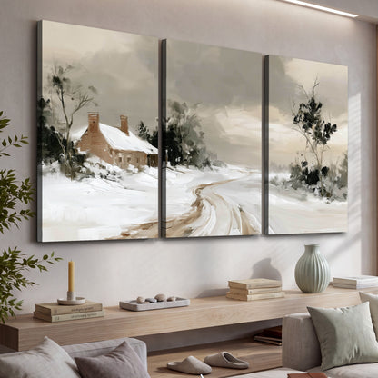 Neutral winter cottage painting 3 piece canvas wall art in a living room above a console