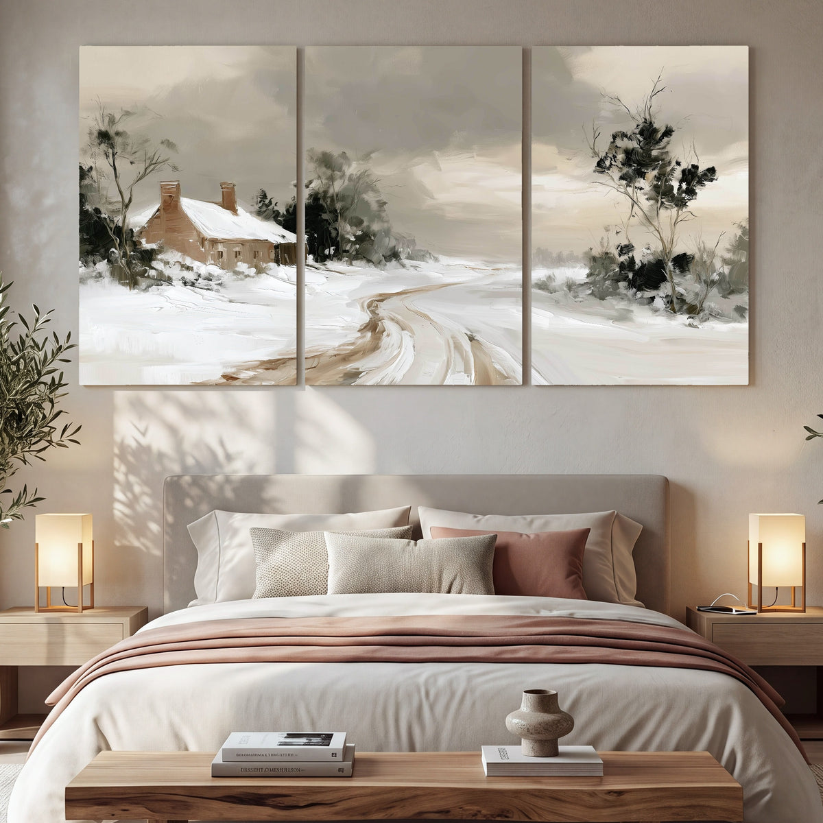 Neutral winter cottage painting 3 piece canvas wall art in a bedroom above the bed
