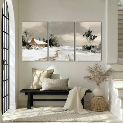 Neutral winter cottage painting 3 piece canvas wall art in an entryway above a bench