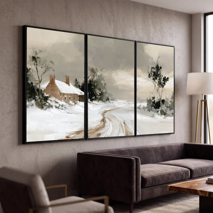 Neutral winter cottage painting 3 piece canvas wall art in a modern living room