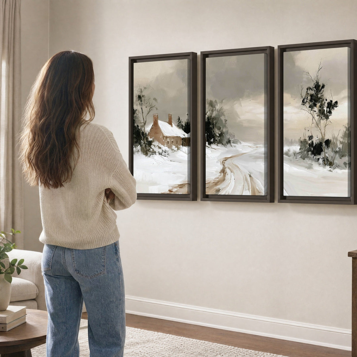 Neutral winter cottage painting 3 piece framed canvas in a living room