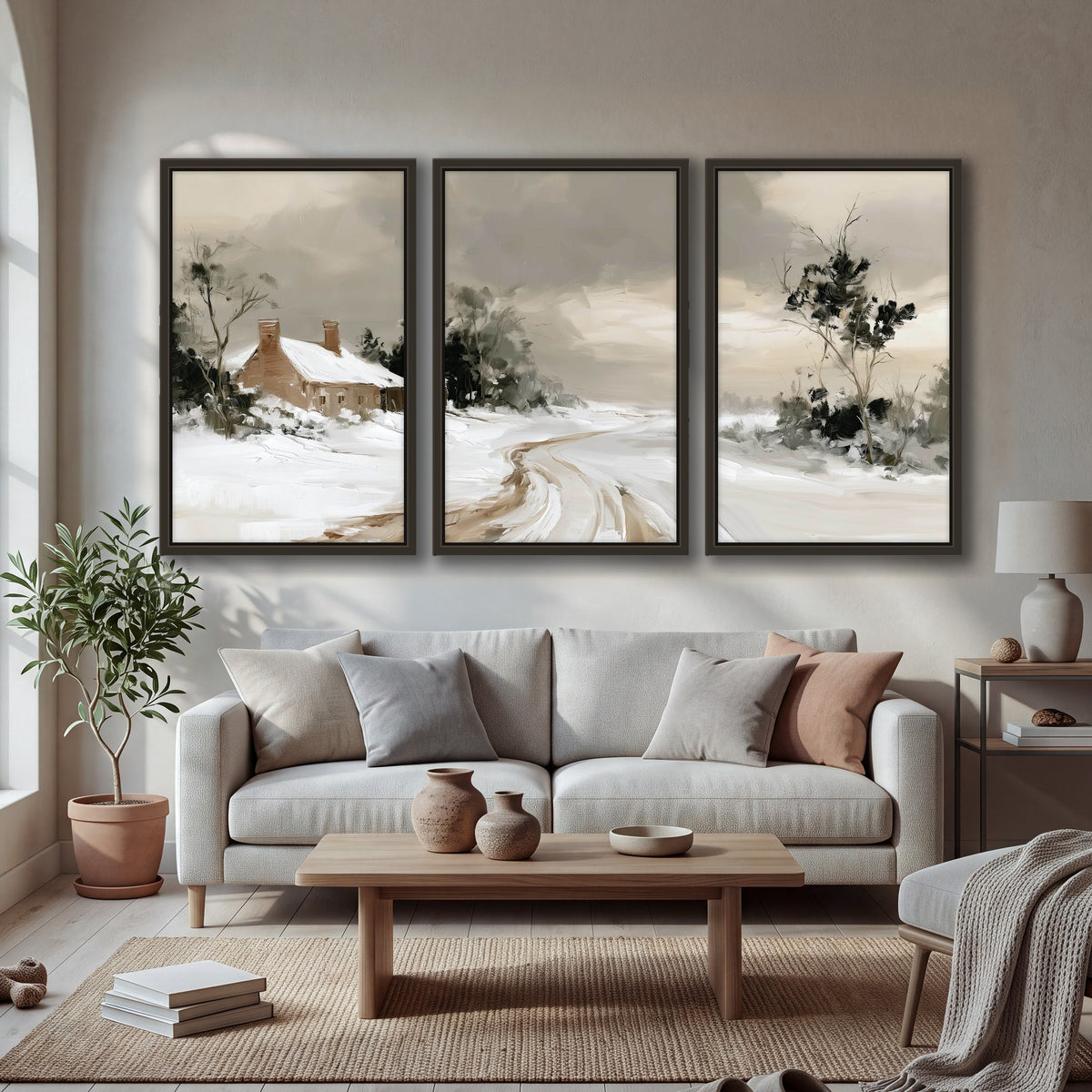 Neutral winter cottage painting 3 piece framed canvas in a bright living room