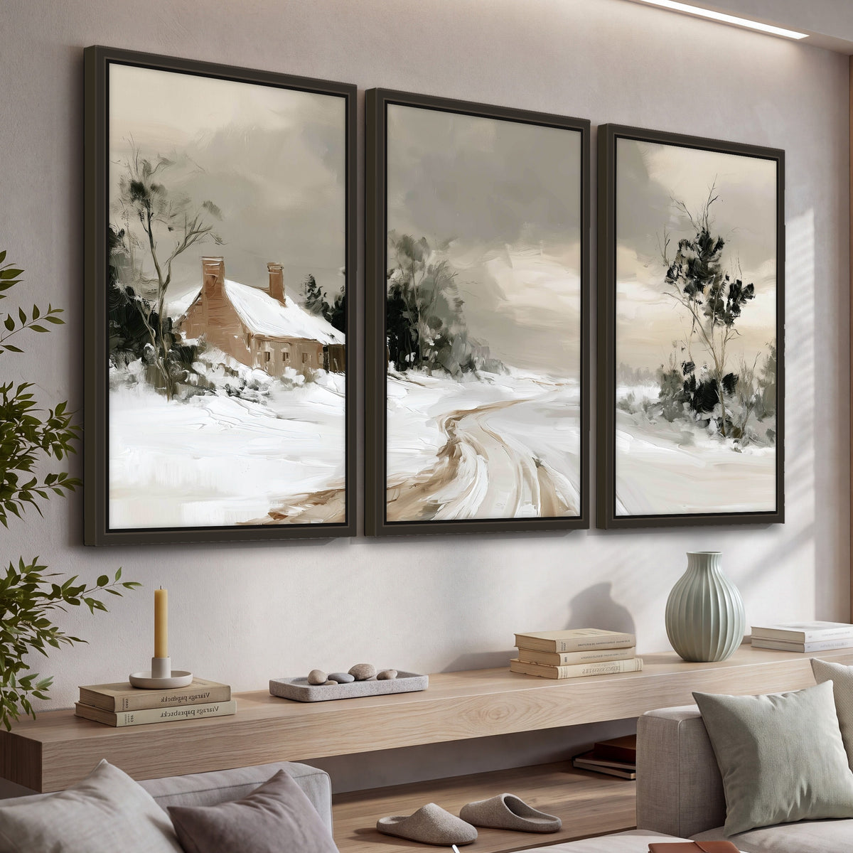 Neutral winter cottage painting 3 piece framed canvas in a living room above a console