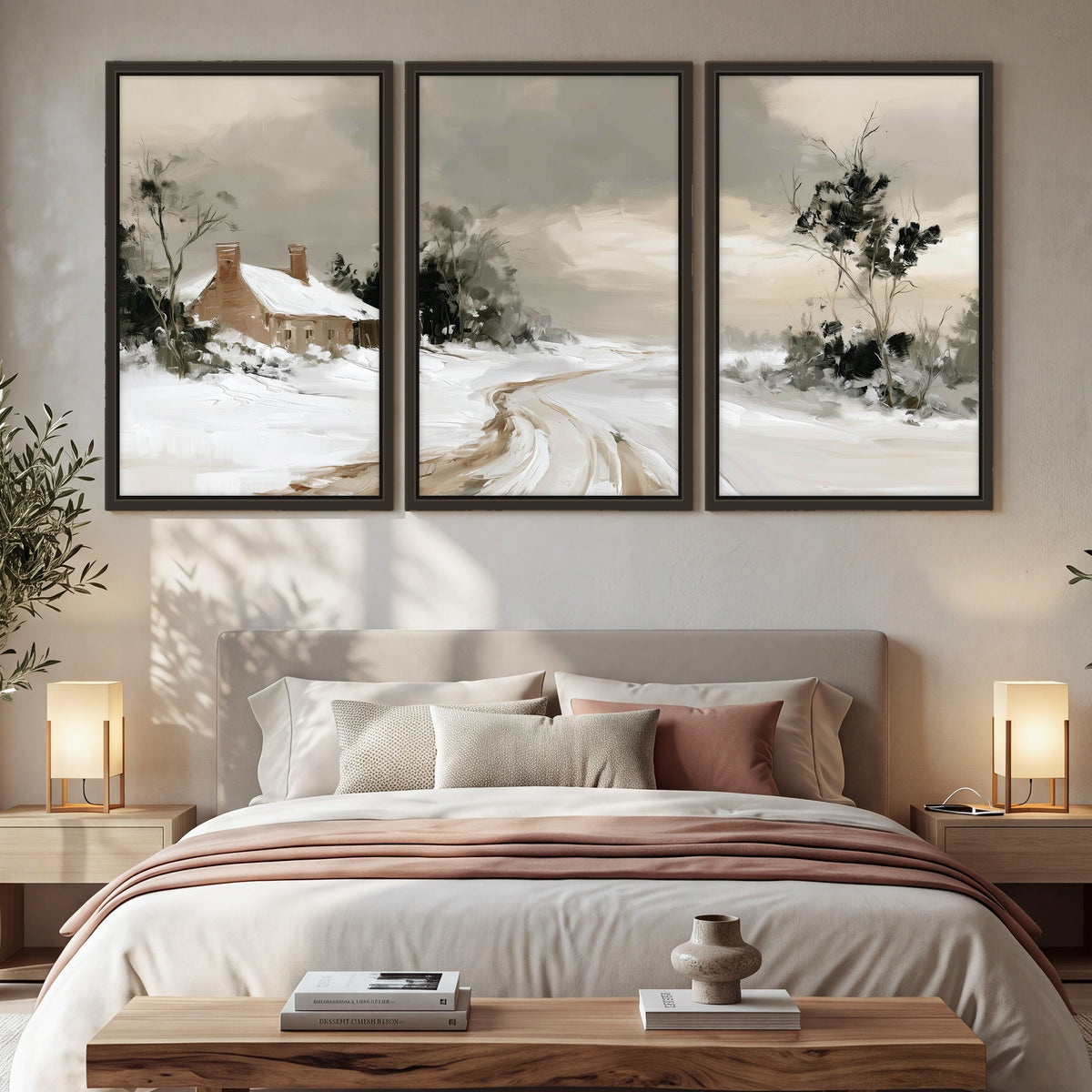 Neutral winter cottage painting 3 piece framed canvas in a bedroom above the bed