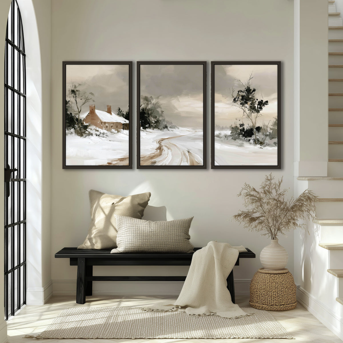 Neutral winter cottage painting 3 piece framed canvas in an entryway above a bench