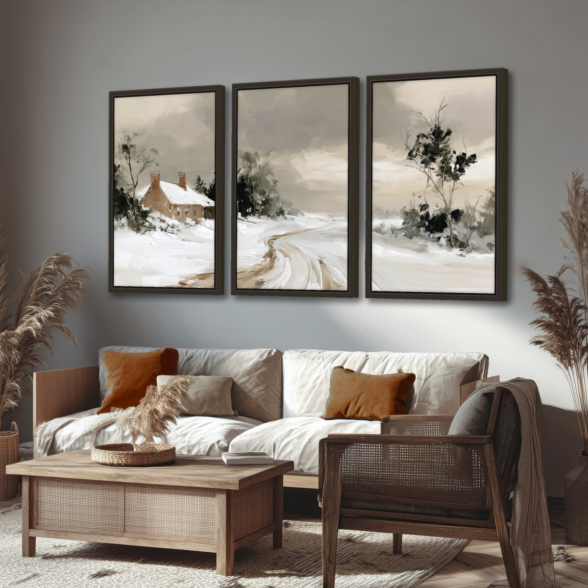 Neutral winter cottage painting 3 piece framed canvas in a rustic living room