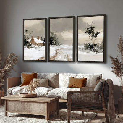Neutral winter cottage painting 3 piece framed canvas in a rustic living room