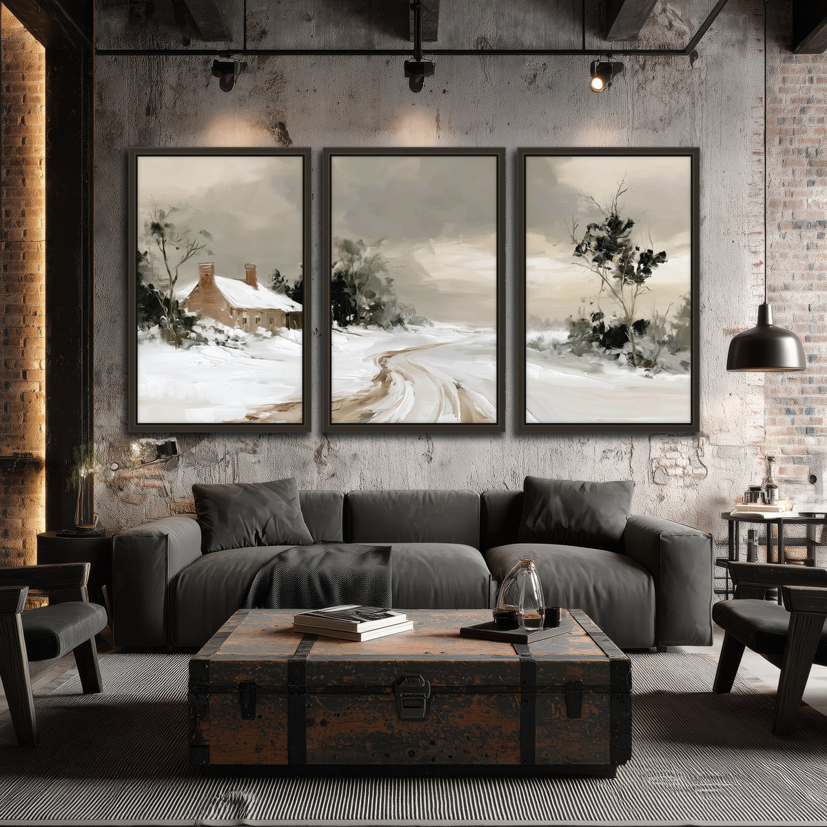 Neutral winter cottage painting 3 piece framed canvas in an industrial loft