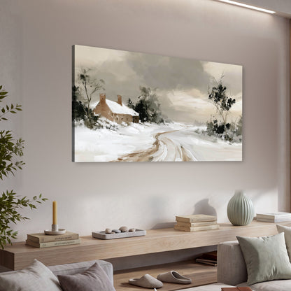Neutral winter cottage painting canvas wall art in a living room above a console