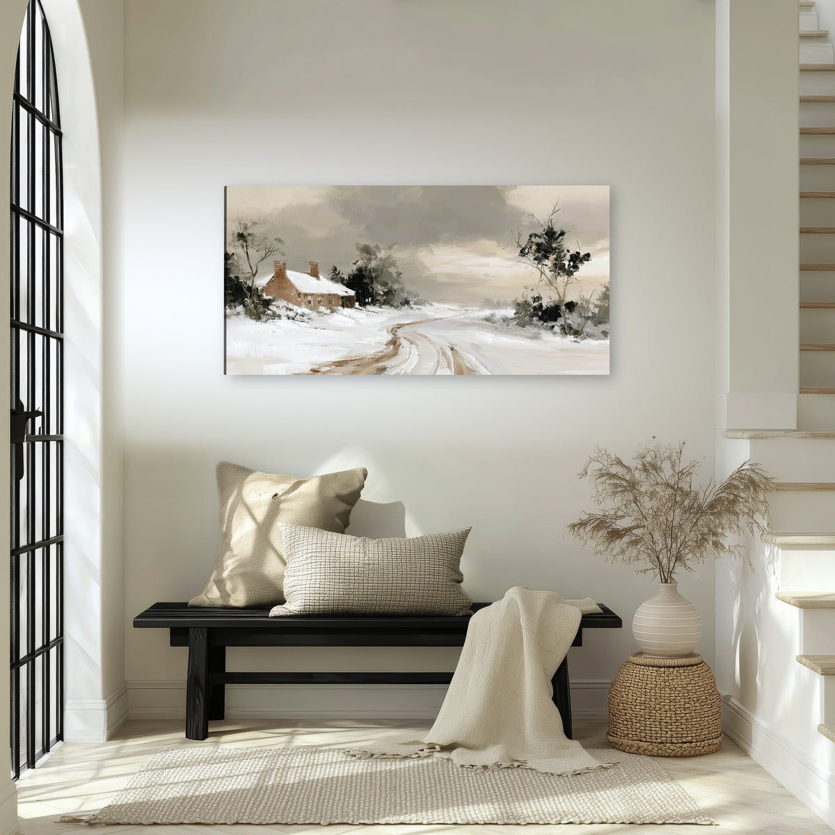 Neutral winter cottage painting canvas wall art in an entryway above a bench