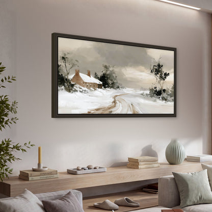 Neutral winter cottage painting framed canvas wall art in a living room above a console