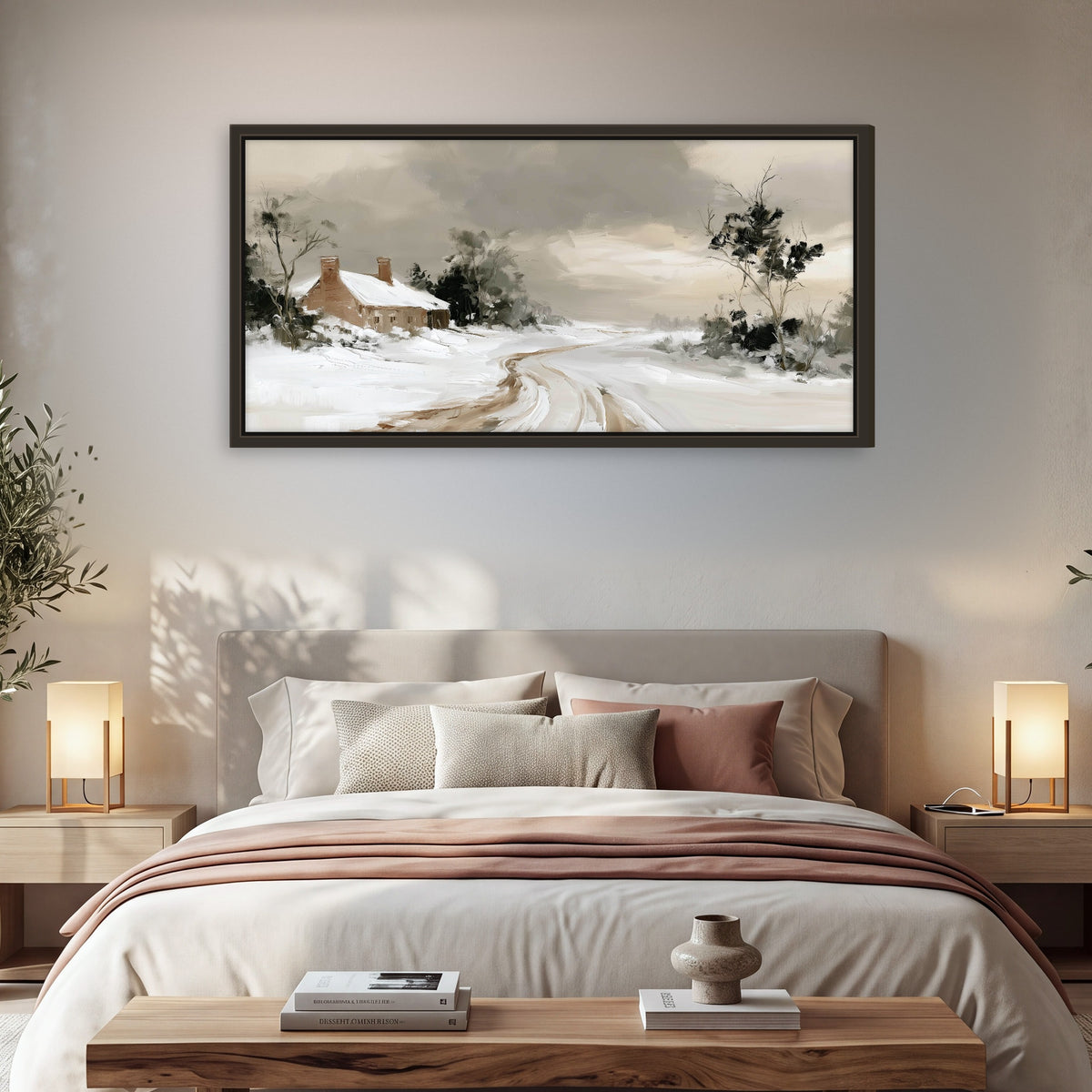 Neutral winter cottage painting framed canvas wall art in a bedroom above the bed