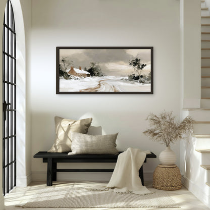 Neutral winter cottage painting framed canvas wall art in an entryway above a bench