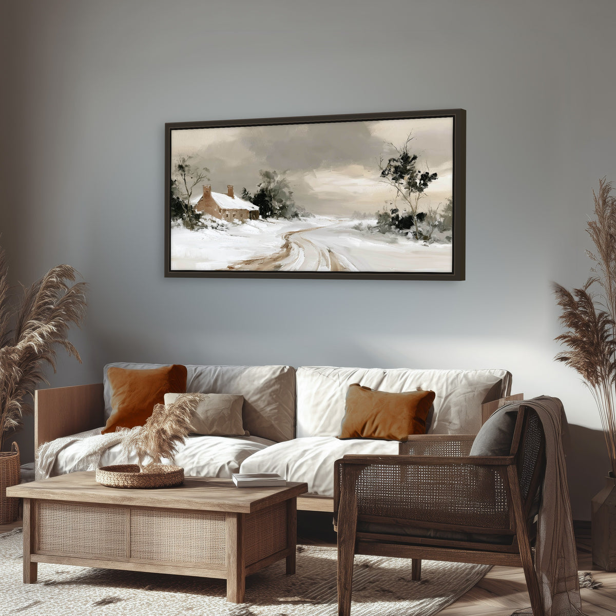 Neutral winter cottage painting framed canvas wall art in a rustic living room