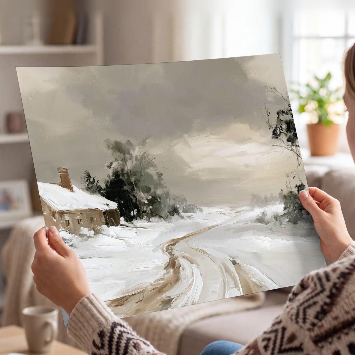Neutral winter cottage painting poster print held in hands