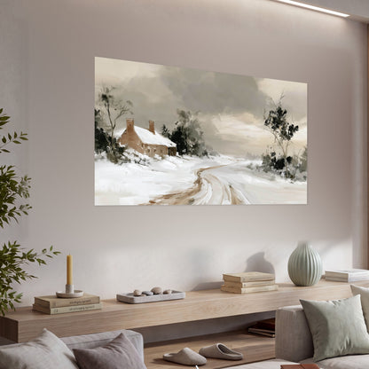 Neutral winter cottage painting poster print in a living room above a console