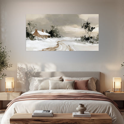 Neutral winter cottage painting poster print in a bedroom above the bed
