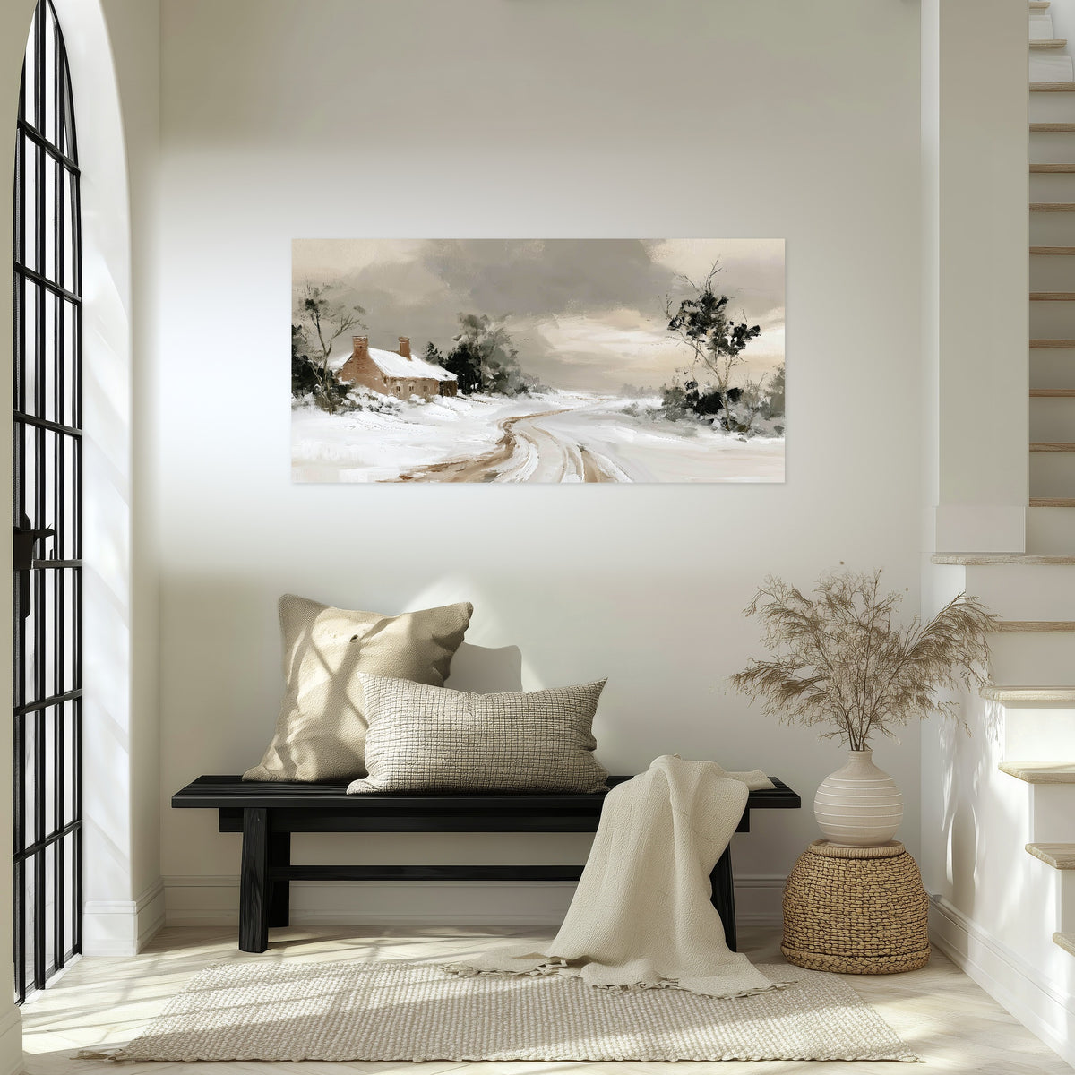 Neutral winter cottage painting poster print in an entryway above a bench